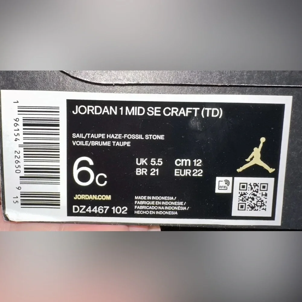Air Jordan RETRO 1 MID SE CRAFT 'TAUPE HAZE' (GS) Toddler Size 6 - Picture 7 of 7